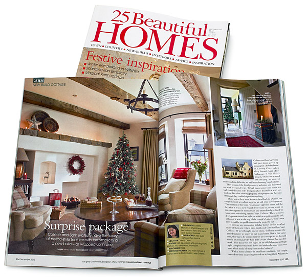 Pages 134 to 137 of the December 2010 issue of 25 Beautiful Homes magazine featuring Collette and Sam McNulty's new-build cottage-style terrace near Doonbeg in County Clare at Christmas.
