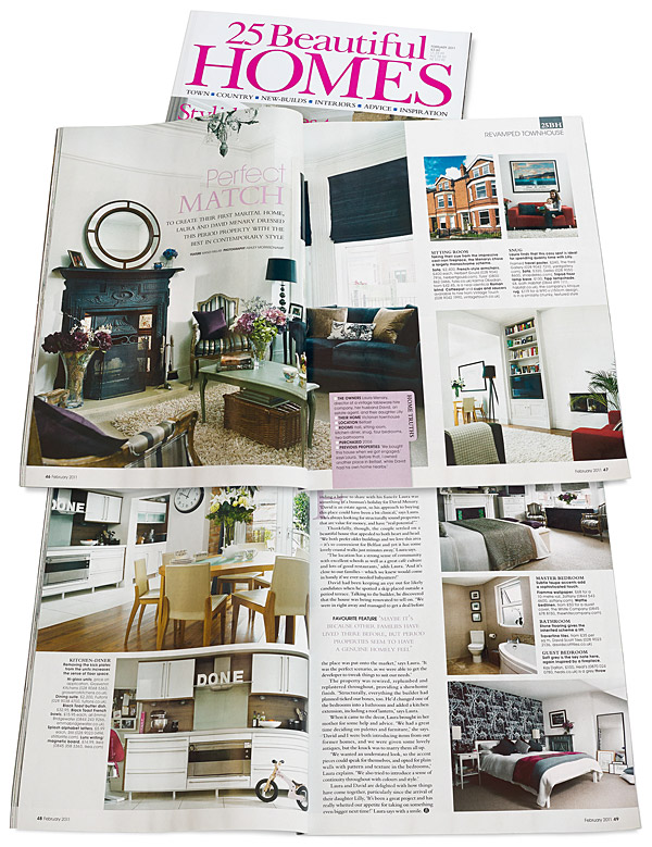 Pages 46 to 50 in the February 2011 issue of 25 Beautiful Homes magazine featuring Laura and David Menary's Victorian townhouse in the County Down town of Holywood.