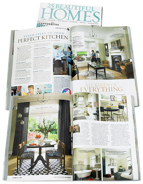 Pages 67 to 69 in the March 2012 issue of 25 Beautiful Homes magazine featuring Janet and Ken Hamilton's 1930’s semi-detached house in Belfast.