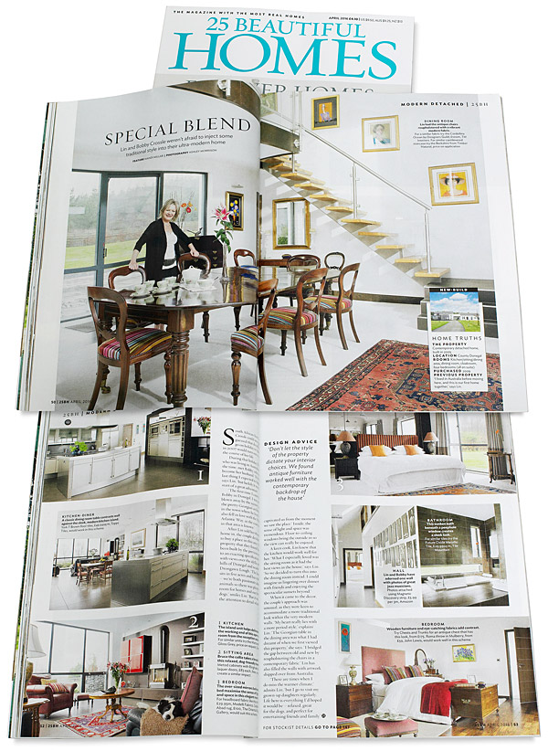 Pages 50 to 53 in the April 2016 issue of 25 Beautiful Homes magazine featuring Lin and Bobby Crossle's contemporary home near Ramelton in County Donegal.