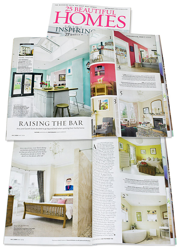 Pages 116 to 119 in the May 2016 issue of 25 Beautiful Homes magazine featuring Amy & Gareth Scott's semi-detached period house in the County Down town of Bangor.