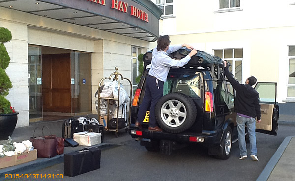Packing the Land Rover outside the Galway Bay Hotel on the promenade at Salthill.