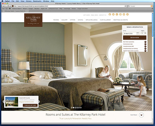 The accommodation page on the Killarney Park Hotel's website.