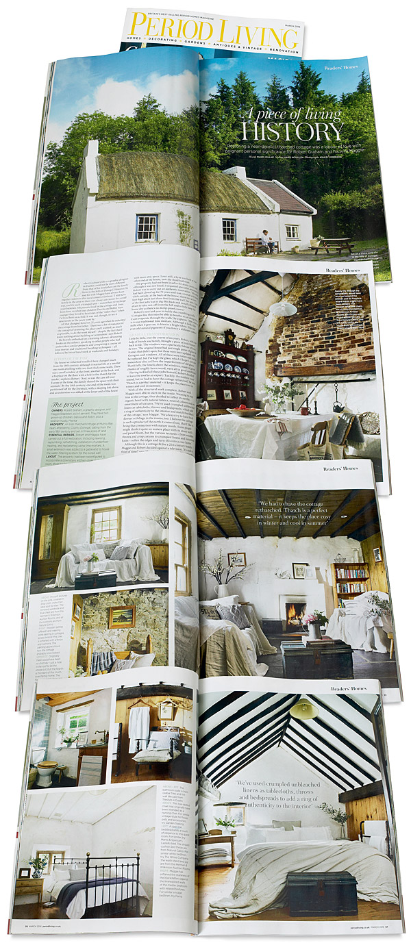 Pages 50 to 57 in the March 2016 issue of Period Living magazine featuring Maggie and Robert Graham's 18th century Irish thatched cottage near the village of Kerrykeel in County Donegal.