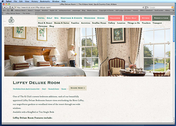 Screen shot of the Liffey Deluxe bedroom on the K Club's website. 