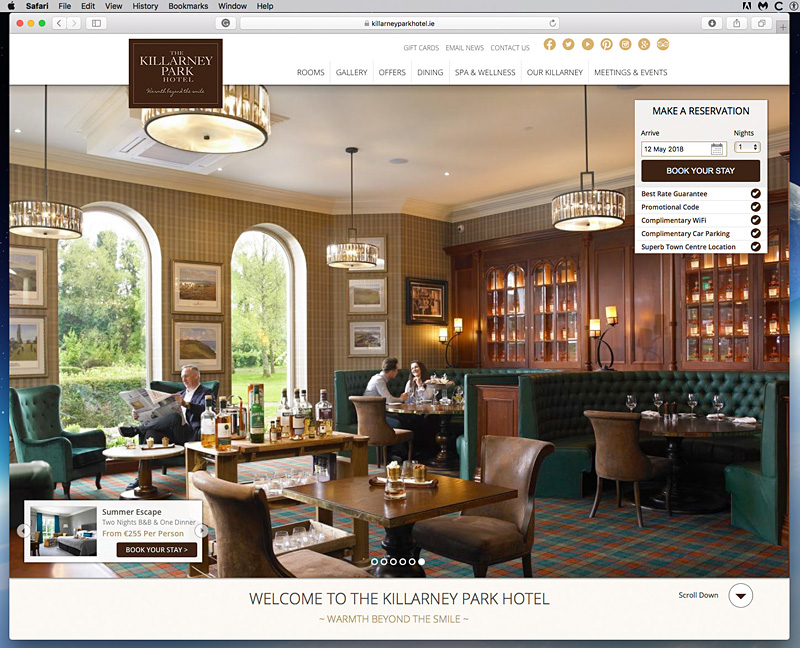 Screenshot of the Home page on the Killarney Park Hotel's website.