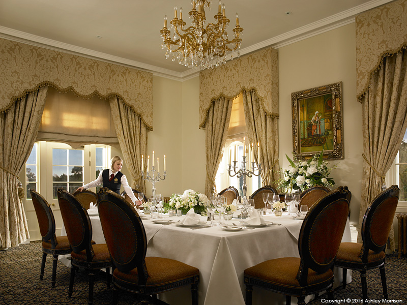 The dining room set for a banquet at the Trump International Golf Hotel near Aberdeen in Scotland.